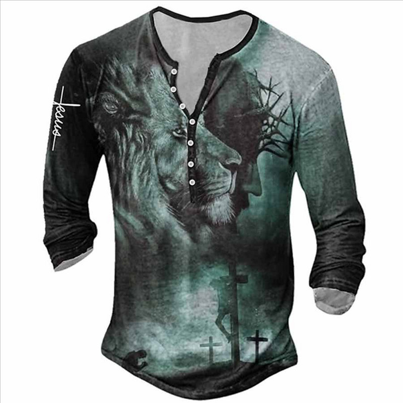 2023. aasta uus meeste pikkade varrukatega V-kraega nööbiga T-särk, meeste 3D-digitaalprintiga gooti T-särk.