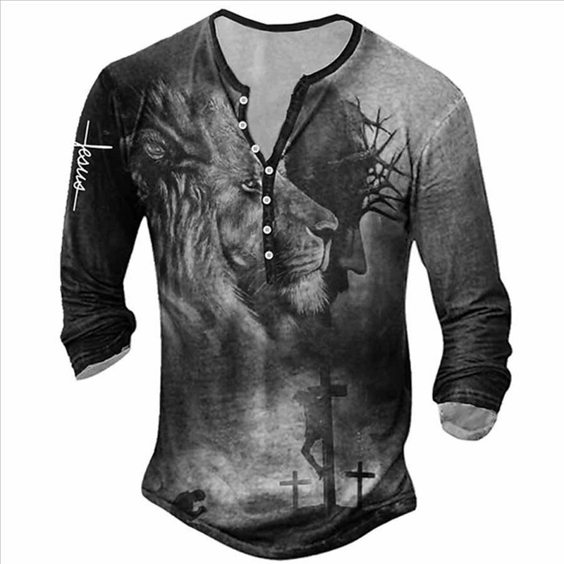 2023. aasta uus meeste pikkade varrukatega V-kraega nööbiga T-särk, meeste 3D-digitaalprintiga gooti T-särk.