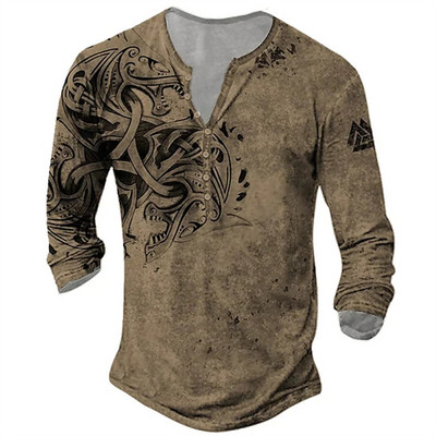 Vintage ανδρικό μπλουζάκι Henley πουκάμισο Βαμβακερό μπλουζάκι με γραφικά ρούχα Viking 3D εκτύπωση Casual με μακρυμάνικο κουμπί σχεδιαστής μόδας Καλοκαίρι