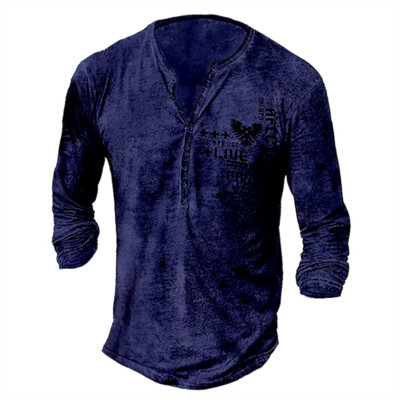 Vintage ανδρικό μπλουζάκι Henley πουκάμισο Βαμβακερό μπλουζάκι με γραφικά ρούχα Viking 3D εκτύπωση Casual με μακρυμάνικο κουμπί σχεδιαστής μόδας Καλοκαίρι