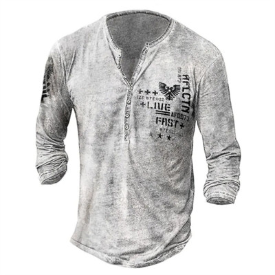 Vintage ανδρικό μπλουζάκι Henley πουκάμισο Βαμβακερό μπλουζάκι με γραφικά ρούχα Viking 3D εκτύπωση Casual με μακρυμάνικο κουμπί σχεδιαστής μόδας Καλοκαίρι
