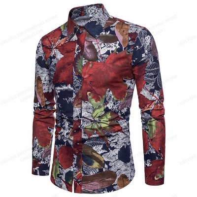 Pikkade varrukatega Hawaii särgid Meeste mood särk Lillelised pluusid Kuuba rannapluus Meeste riided Turn Over Collar Camisas Hombre