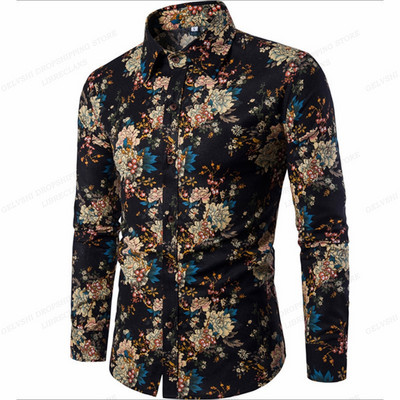 Pikkade varrukatega Hawaii särgid Meeste mood särk Lillelised pluusid Kuuba rannapluus Meeste riided Turn Over Collar Camisas Hombre