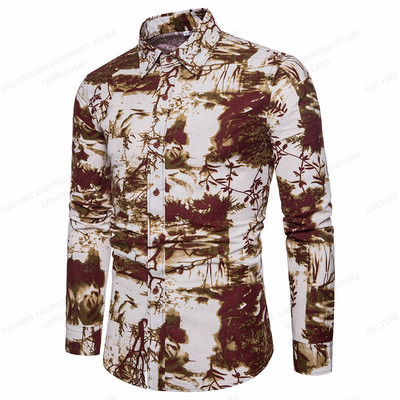 Pikkade varrukatega Hawaii särgid Meeste mood särk Lillelised pluusid Kuuba rannapluus Meeste riided Turn Over Collar Camisas Hombre