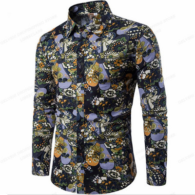 Pikkade varrukatega Hawaii särgid Meeste mood särk Lillelised pluusid Kuuba rannapluus Meeste riided Turn Over Collar Camisas Hombre