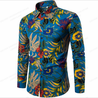 Pikkade varrukatega Hawaii särgid Meeste mood särk Lillelised pluusid Kuuba rannapluus Meeste riided Turn Over Collar Camisas Hombre