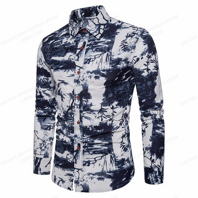 Pikkade varrukatega Hawaii särgid Meeste mood särk Lillelised pluusid Kuuba rannapluus Meeste riided Turn Over Collar Camisas Hombre