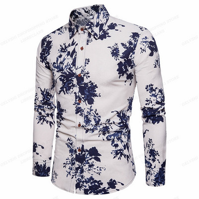Pikkade varrukatega Hawaii särgid Meeste mood särk Lillelised pluusid Kuuba rannapluus Meeste riided Turn Over Collar Camisas Hombre