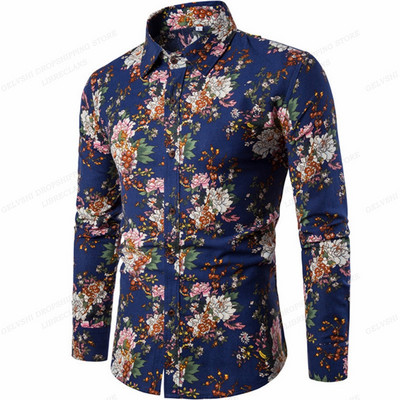 Pikkade varrukatega Hawaii särgid Meeste mood särk Lillelised pluusid Kuuba rannapluus Meeste riided Turn Over Collar Camisas Hombre