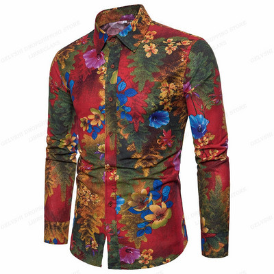 Pikkade varrukatega Hawaii särgid Meeste mood särk Lillelised pluusid Kuuba rannapluus Meeste riided Turn Over Collar Camisas Hombre