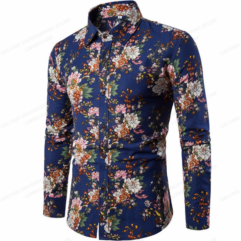 Pikkade varrukatega Hawaii särgid Meeste mood särk Lillelised pluusid Kuuba rannapluus Meeste riided Turn Over Collar Camisas Hombre