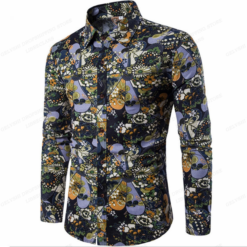 Pikkade varrukatega Hawaii särgid Meeste mood särk Lillelised pluusid Kuuba rannapluus Meeste riided Turn Over Collar Camisas Hombre