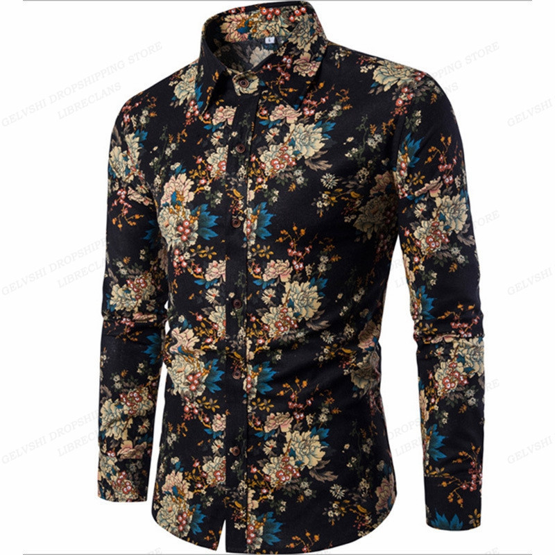 Pikkade varrukatega Hawaii särgid Meeste mood särk Lillelised pluusid Kuuba rannapluus Meeste riided Turn Over Collar Camisas Hombre