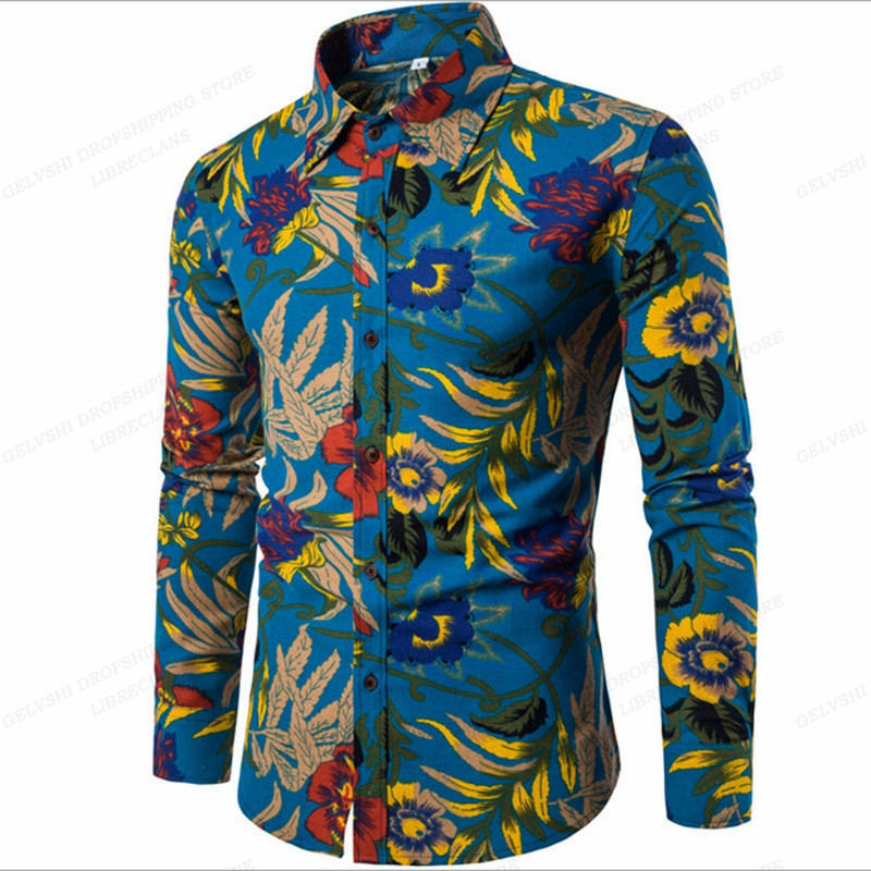 Pikkade varrukatega Hawaii särgid Meeste mood särk Lillelised pluusid Kuuba rannapluus Meeste riided Turn Over Collar Camisas Hombre
