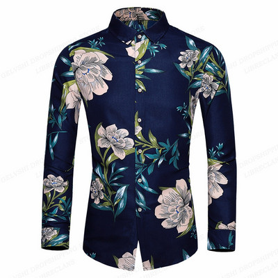 Floral Πουκάμισα Ανδρικά Μόδα Πουκάμισα Μακρυμάνικα Χαβάης Πουκάμισα Κούβα Μπλούζα Παραλία Ανδρικά ρούχα με κουμπί επάνω Camisas μονόστηθος
