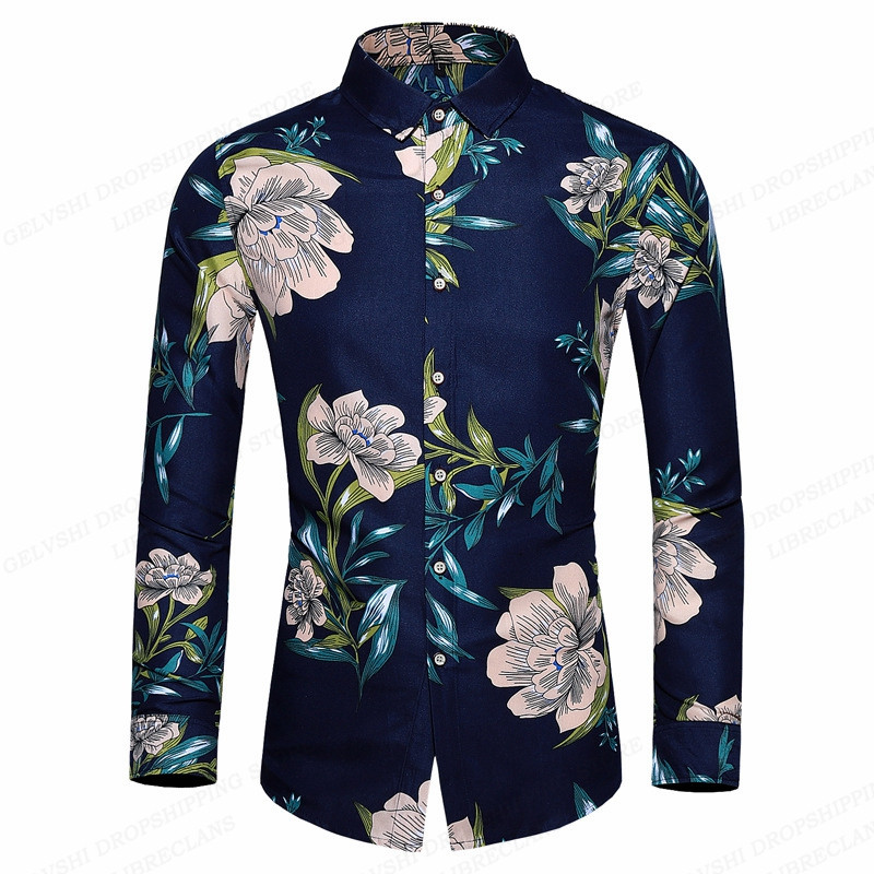 Floral Πουκάμισα Ανδρικά Μόδα Πουκάμισα Μακρυμάνικα Χαβάης Πουκάμισα Κούβα Μπλούζα Παραλία Ανδρικά ρούχα με κουμπί επάνω Camisas μονόστηθος