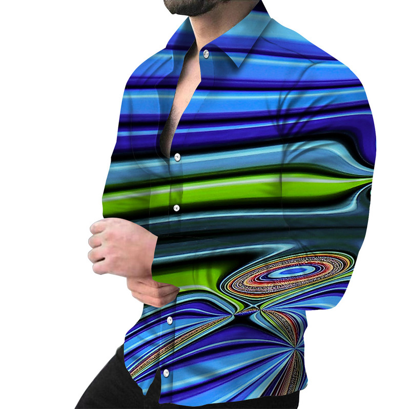 Moodsad meeste särgid üherealine särk vabaaja kolmevärvilise trükiga pikkade varrukatega topid Meeste riided Hawaii peokardigan