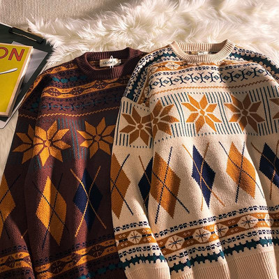 HOUZHOU Pulóverek Vintage Retro karácsonyi pulóver pár férfi kötött pulóver Téli meleg alkalmi koreai utcai viselet Harajuku