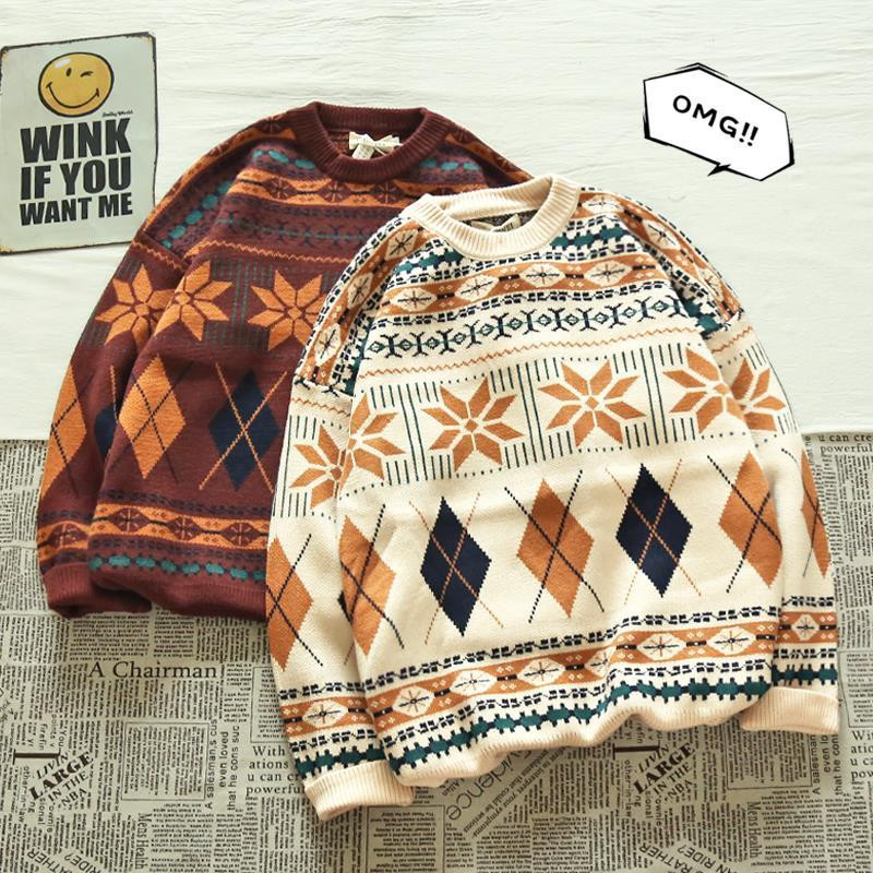 HOUZHOU Pullovers Vintage Ρετρό Χριστουγεννιάτικο Πουλόβερ Ζευγάρι Ανδρικό Πλεκτό Πουλόβερ Χειμώνας Ζεστό Casual Κορεάτικο Streetwear Harajuku