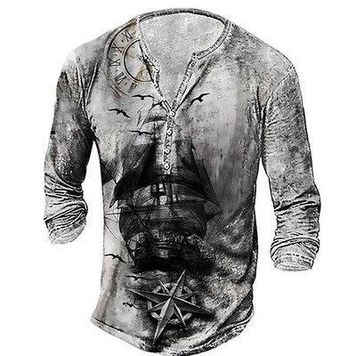 Vintage V-kaelusega Henley särk Navigation 3d gooti pikkade varrukatega T-särk meestele 5xl ülisuured topid T-särk Meeste punkar tänavarõivad