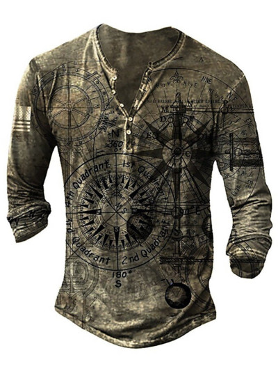 Vintage V-kaelusega Henley särk Navigation 3d gooti pikkade varrukatega T-särk meestele 5xl ülisuured topid T-särk Meeste punkar tänavarõivad