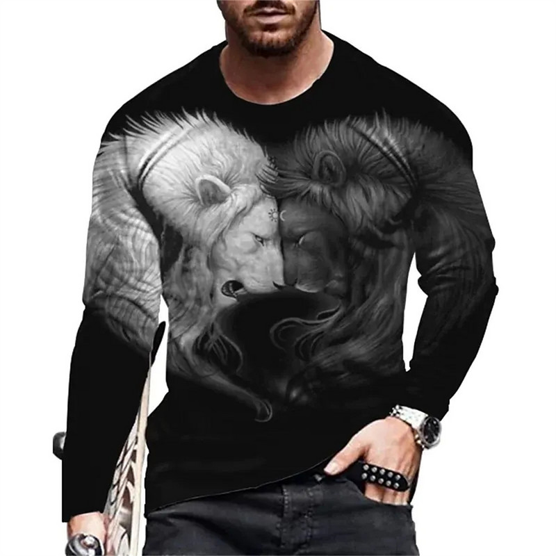 Vintage Animal Lion 3D Print Suvine Meeste Ümarkaelus T-särk vabaaja pikkade varrukatega Suuremõõtmeline T-särk Moodne pullover Meeste rõivad