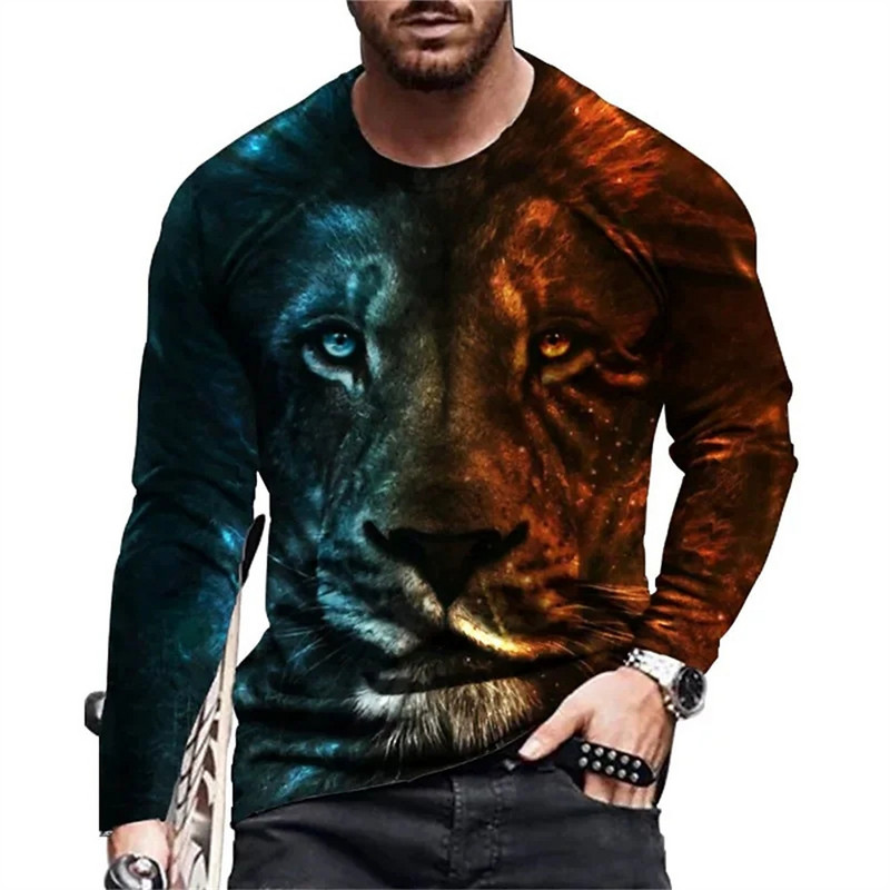 Vintage Animal Lion 3D Print Suvine Meeste Ümarkaelus T-särk vabaaja pikkade varrukatega Suuremõõtmeline T-särk Moodne pullover Meeste rõivad