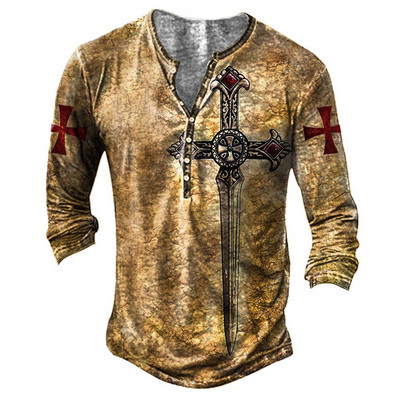 Tricou cu mânecă lungă cu guler în V pentru bărbați de primăvară și toamnă, tricou sport cu mânecă lungă în stil vintage pentru bărbați.