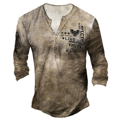 Tricou cu mânecă lungă cu guler în V pentru bărbați de primăvară și toamnă, tricou sport cu mânecă lungă în stil vintage pentru bărbați.