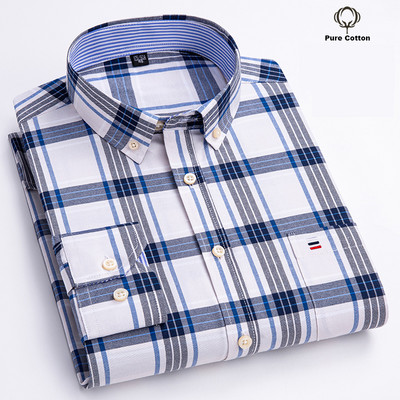 Ανδρικό μπλουζάκι Oxford Fashion 100% βαμβακερό μακρυμάνικο Casual Slim μονόχρωμο καρό επίσημο πουκάμισο με ρίγες
