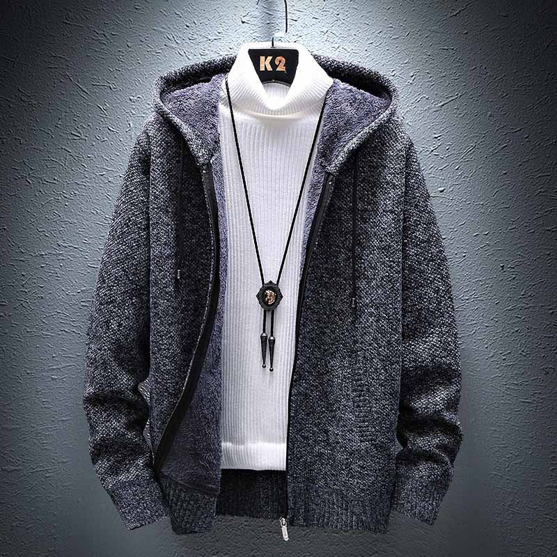 FALIZA Pulover tricotat Cardigan cu glugă pentru bărbați, culoare uni, lână groasă, tricotaje ocazionale, îmbrăcăminte masculină, pulovere pentru bărbați MXY117