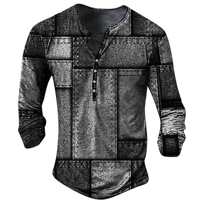 Vintage póló férfiaknak Grafikus pólók Pamut Tee Patchwork 3D nyomtatás Hosszú ujjú pólók Henley Shirt Túlméretes férfi ruhák felső