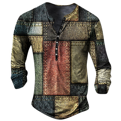 Vintage T-särk Meestele Graafilised T-särgid Puuvillane Tee Patchwork 3D Prindiga pikkade varrukatega T-särgid Henley Särk Suur meeste riided top