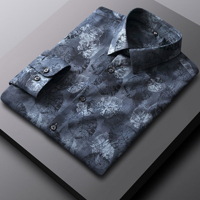 Regular Fit Bamboo Fiber Business sotsiaalne kleit meestele Meestele Lilletrükiga vabaaja särgid pikkade varrukatega veniv mood