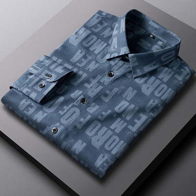 Regular Fit Bamboo Fiber Business sotsiaalne kleit meestele Meestele Lilletrükiga vabaaja särgid pikkade varrukatega veniv mood