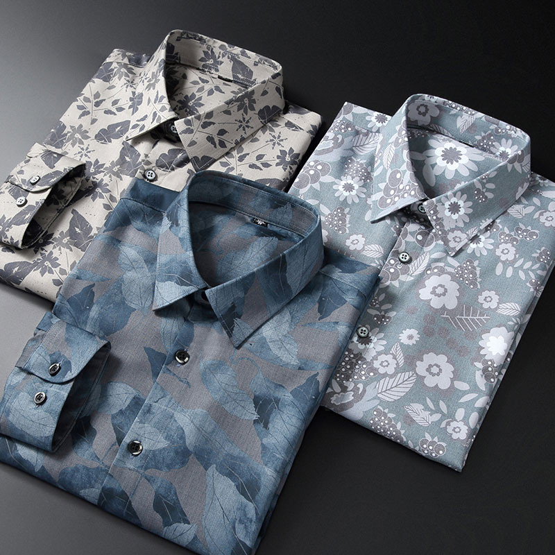 Regular Fit Bamboo Fiber Business sotsiaalne kleit meestele Meestele Lilletrükiga vabaaja särgid pikkade varrukatega veniv mood