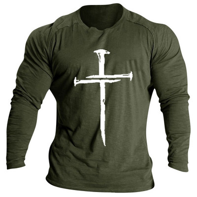 Vintage βαμβακερό μπλουζάκι για ανδρικά μακρυμάνικα μπλουζάκια σταυρός τύπωμα γραφικά ρούχα O λαιμός Oversized Streetwear Απλή ανδρική ένδυση φθινοπώρου