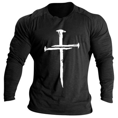 Vintage βαμβακερό μπλουζάκι για ανδρικά μακρυμάνικα μπλουζάκια σταυρός τύπωμα γραφικά ρούχα O λαιμός Oversized Streetwear Απλή ανδρική ένδυση φθινοπώρου