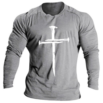 Vintage βαμβακερό μπλουζάκι για ανδρικά μακρυμάνικα μπλουζάκια σταυρός τύπωμα γραφικά ρούχα O λαιμός Oversized Streetwear Απλή ανδρική ένδυση φθινοπώρου