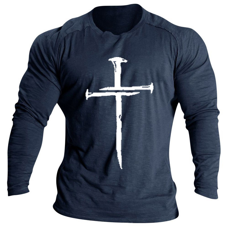 Vintage βαμβακερό μπλουζάκι για ανδρικά μακρυμάνικα μπλουζάκια σταυρός τύπωμα γραφικά ρούχα O λαιμός Oversized Streetwear Απλή ανδρική ένδυση φθινοπώρου
