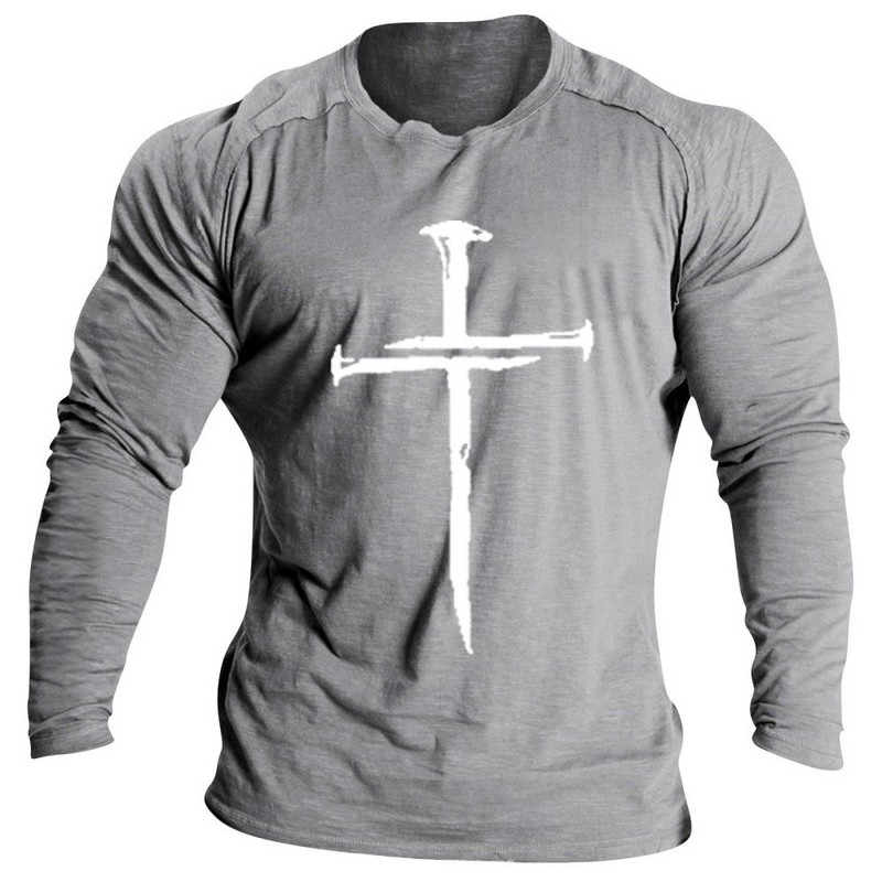Vintage βαμβακερό μπλουζάκι για ανδρικά μακρυμάνικα μπλουζάκια σταυρός τύπωμα γραφικά ρούχα O λαιμός Oversized Streetwear Απλή ανδρική ένδυση φθινοπώρου