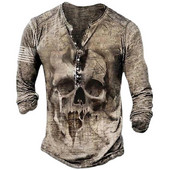 Horror Skulls Print Meeste Henley särk T-särgid Kevadpuuvillane vabaaja nööbiga V-kaelusega pikkade varrukatega tänavatopsid Meeste riided 5XL