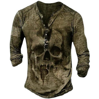 Horror Skulls Print Ανδρικά μπλουζάκια Henley πουκάμισο Ανοιξιάτικο βαμβακερό άνοιξη με κουμπιά με μακρυμάνικο λαιμόκοψη ανδρικά ρούχα 5XL