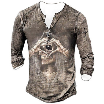 Horror Skulls Print Ανδρικά μπλουζάκια Henley πουκάμισο Ανοιξιάτικο βαμβακερό άνοιξη με κουμπιά με μακρυμάνικο λαιμόκοψη ανδρικά ρούχα 5XL