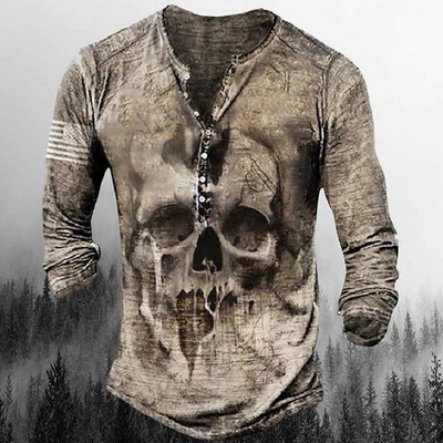 Horror Skulls Print Meeste Henley särk T-särgid Kevadpuuvillane vabaaja nööbiga V-kaelusega pikkade varrukatega tänavatopsid Meeste riided 5XL