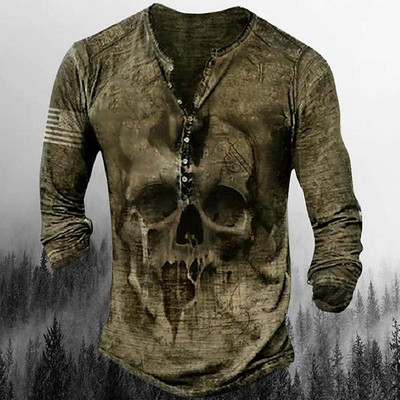 Horror Skulls Print Meeste Henley särk T-särgid Kevadpuuvillane vabaaja nööbiga V-kaelusega pikkade varrukatega tänavatopsid Meeste riided 5XL