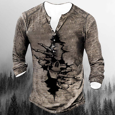 Horror Skulls Print Meeste Henley särk T-särgid Kevadpuuvillane vabaaja nööbiga V-kaelusega pikkade varrukatega tänavatopsid Meeste riided 5XL