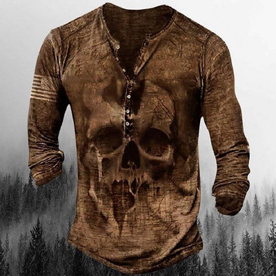 Horror Skulls Print Meeste Henley särk T-särgid Kevadpuuvillane vabaaja nööbiga V-kaelusega pikkade varrukatega tänavatopsid Meeste riided 5XL
