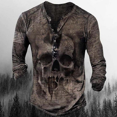 Horror Skulls Print Meeste Henley särk T-särgid Kevadpuuvillane vabaaja nööbiga V-kaelusega pikkade varrukatega tänavatopsid Meeste riided 5XL