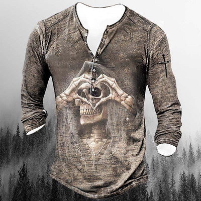 Horror Skulls Print Meeste Henley särk T-särgid Kevadpuuvillane vabaaja nööbiga V-kaelusega pikkade varrukatega tänavatopsid Meeste riided 5XL